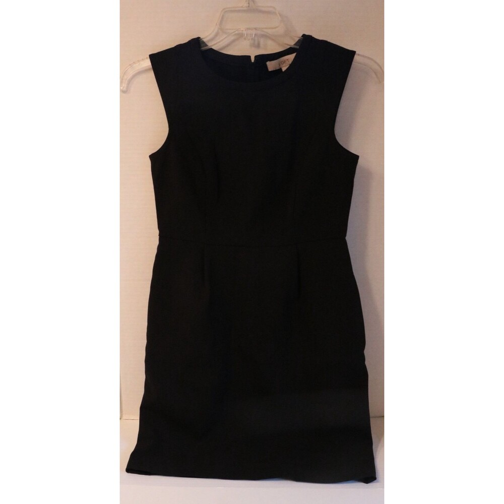 Loft Black Dress Midi Cap Sleeves Pockets Size 0 Crew Neck Back Zipper Sheath